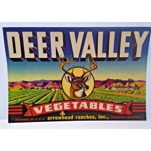 Deer Valley Vegetables Arrowhead Ranches Vintage Crate Label 1950's Original
